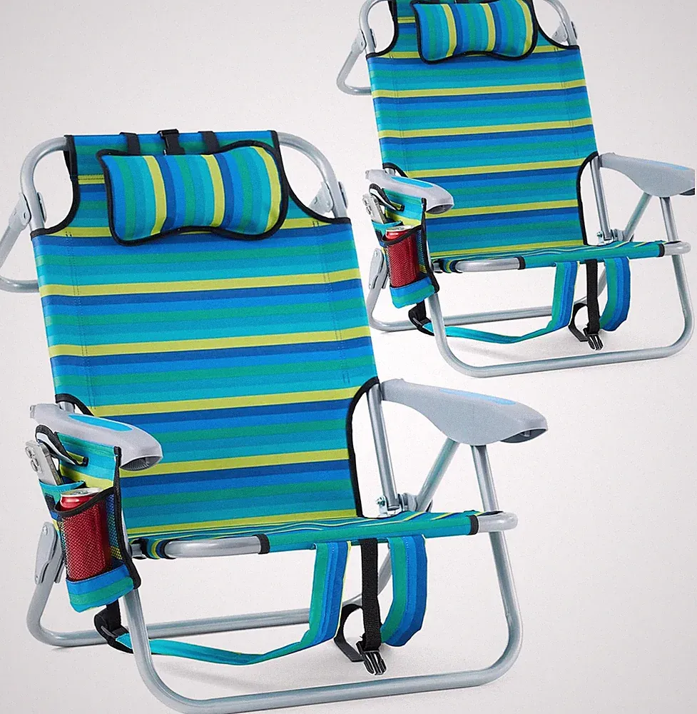 2 Pack Lightweight Portable Recliners with Cup Holder & Towel Bar - Striped