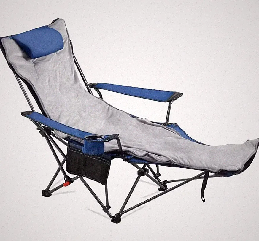 Blue Reclining Camping Chair with Footrest and Cushion Portable