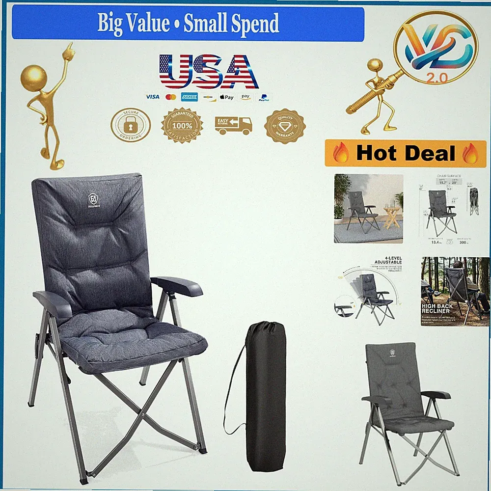 Camping Recliner Chair 4-Position Adjustable Padded Support Grey Portable 300lb