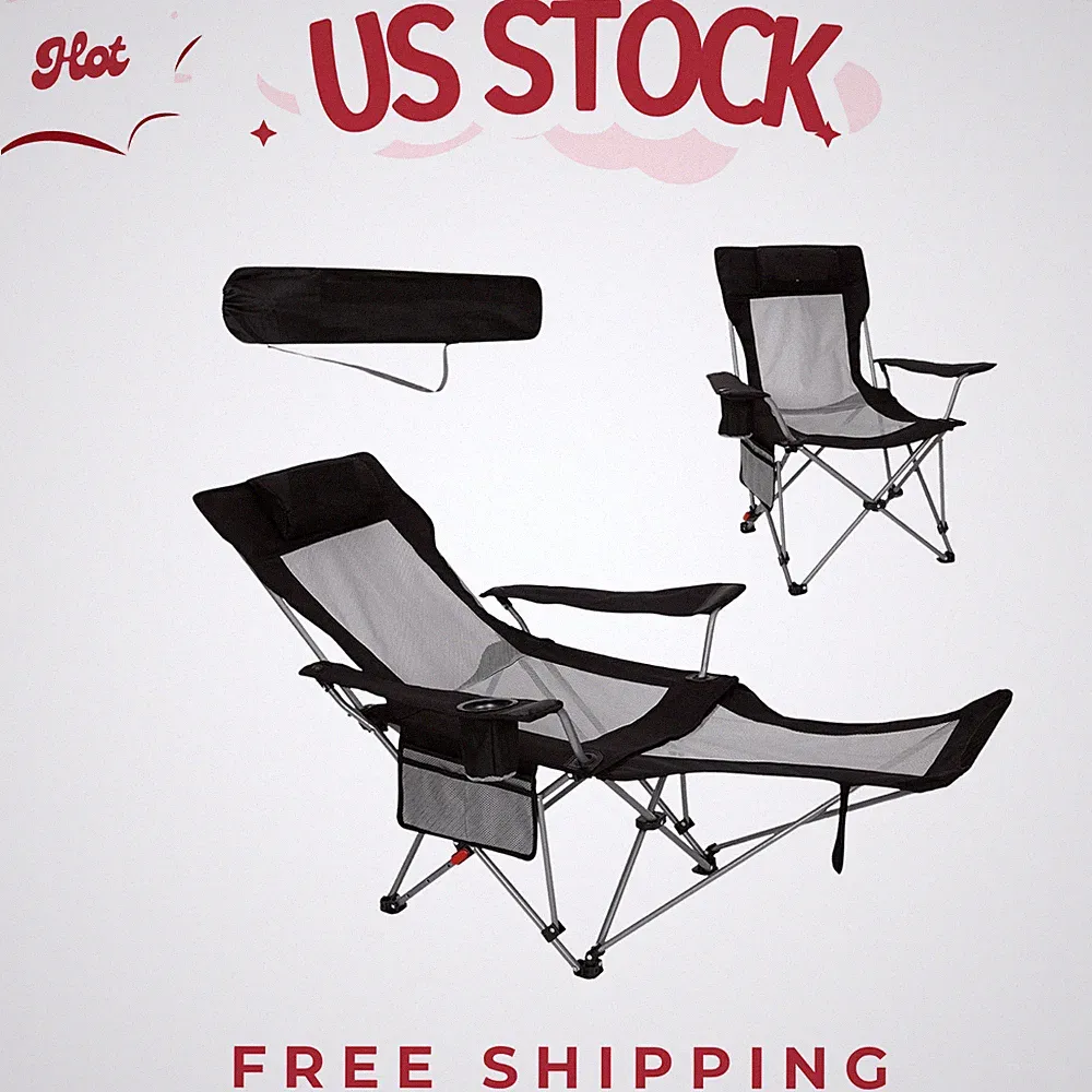 Folding Reclining Camp Chair for Adults - 2-in-1 with Footrest