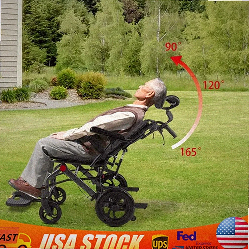 Folding Reclining Wheelchair Portable Transport Wheelchair Backrest Adjustable