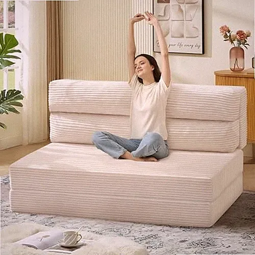 Folding Sofa Bed, Convertible Sleeper Chair with Pilow Foldable Full Beige
