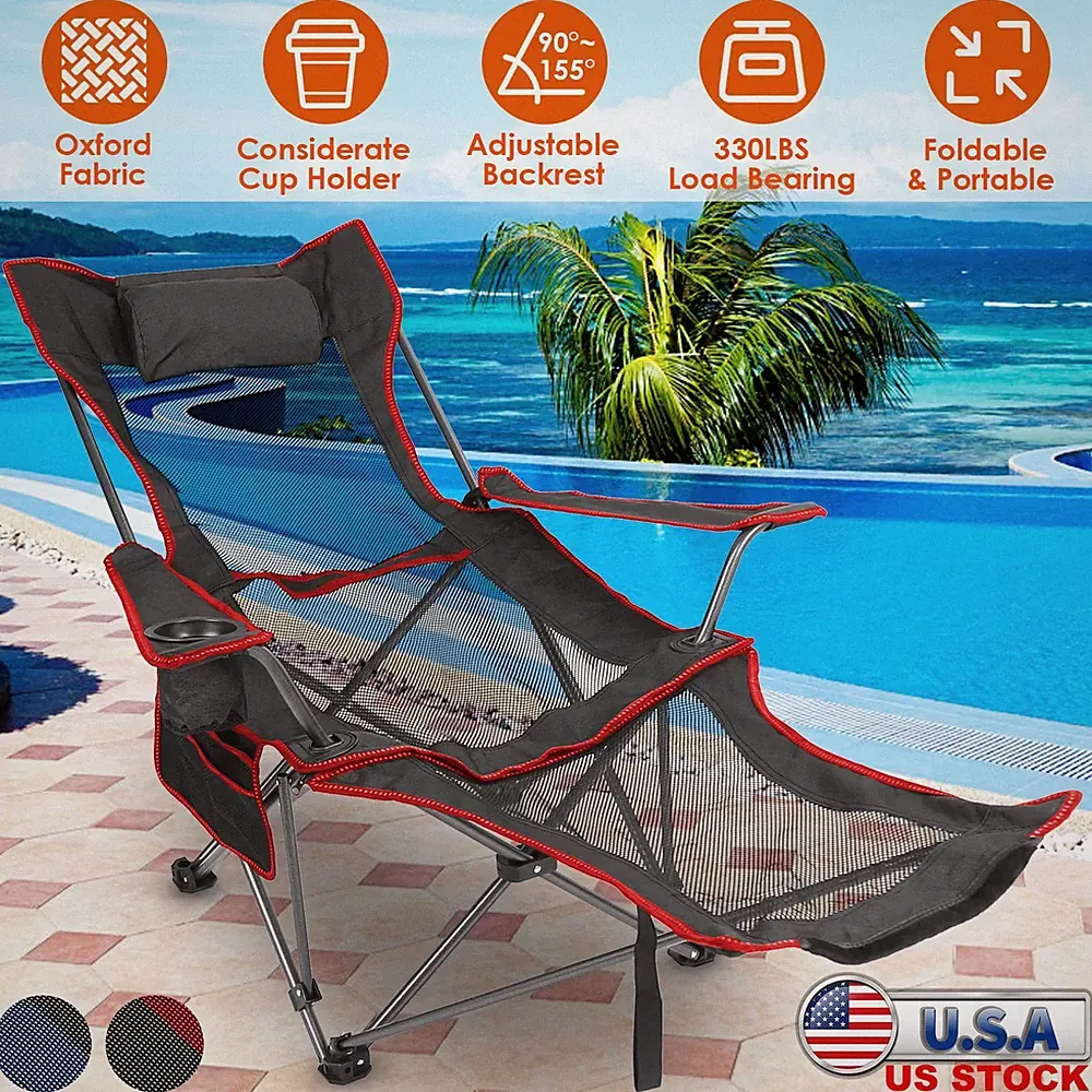 Heavy Duty Camping Chair Portable Folding Mesh Lounge Recliner With Footrest NEW