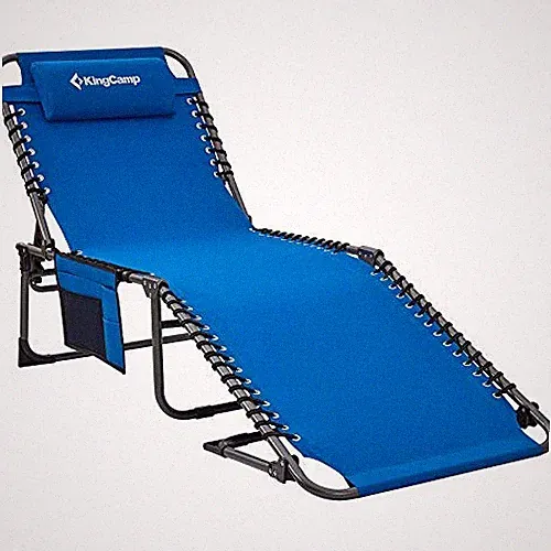 KINGCAMP PORTABLE LOUNGE CHAIR 4-FOLD PATIO RECLINING PILLOW POCKET - LIGHT BLUE