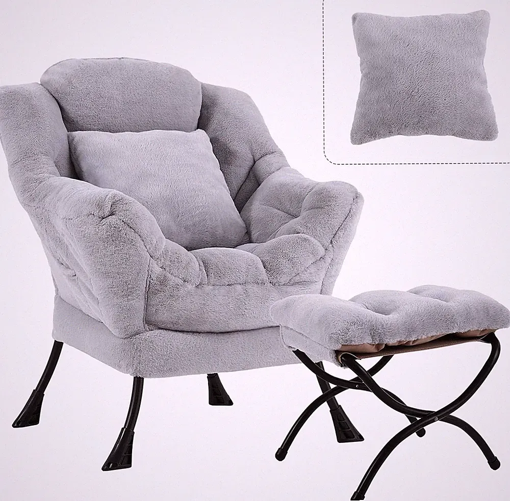 Lazy Chair W/ Ottoman Large White Gray Lounge Accent Chair W/ Ottoman & FA Throw