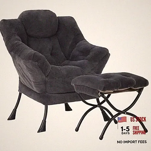 Lazy Chair with Folding Ottoman, Modern Accent Lounge Armchair Plush Dark Grey