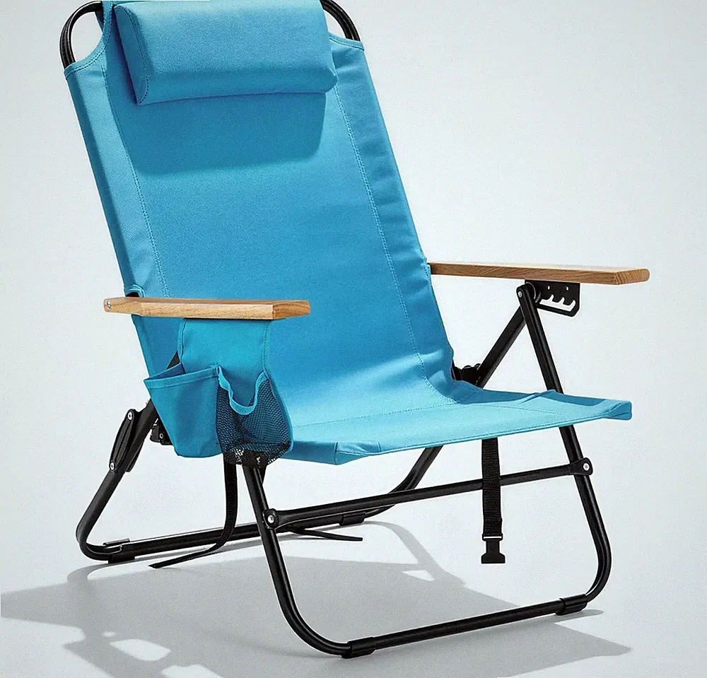 Lightweight 5-Position Recliner Camping Chair with Wooden Armrests, Blue