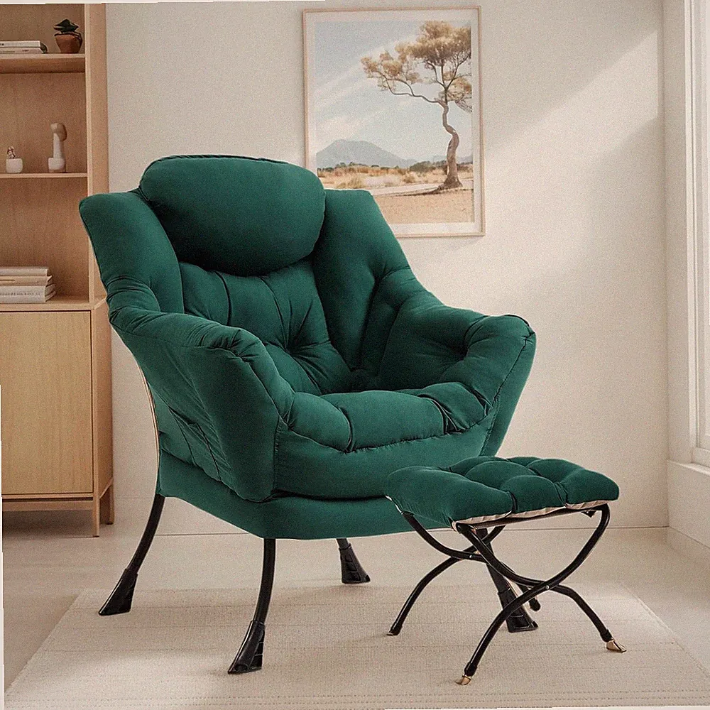 Modern Lazy Chair with Ottoman - Dark Green Lounge Armchair for Living Room
