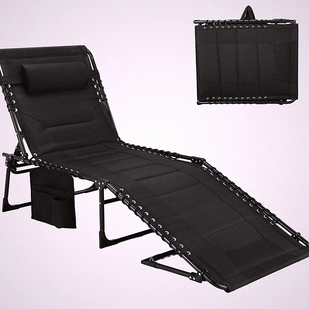 Padded Folding Lounge Chair, Portable Reclining Chair with Pillow & Side Pock...