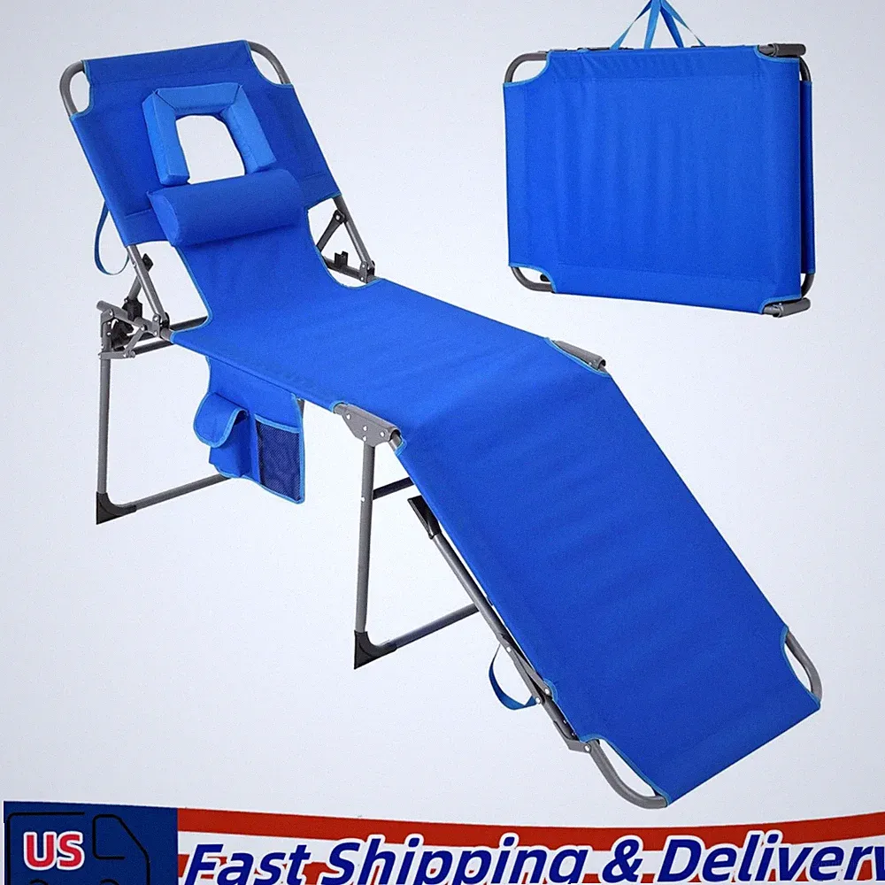 Portable Beach Chaise Lounge Chair Folding Reclining Chair w/ Facing Hole Blue