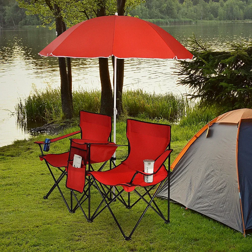 Portable Folding Picnic Double Chair W/Umbrella Table Cooler Beach Camping Red