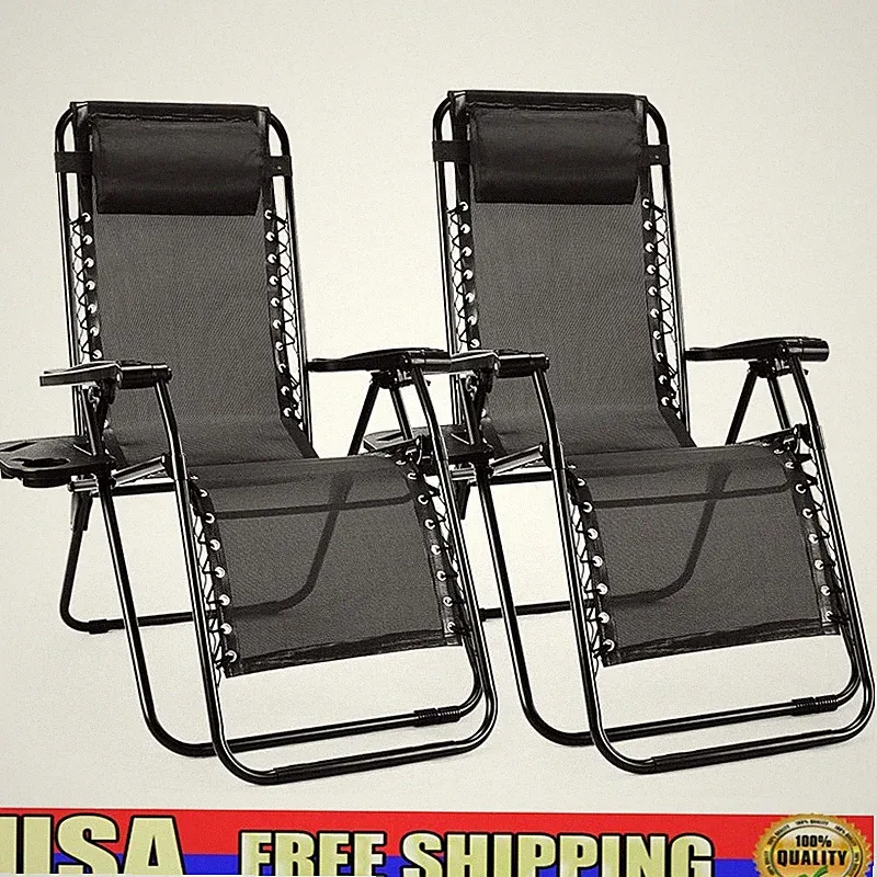 Portable Zero Gravity Chairs Set of 2 Outdoor Recliners W/ Cup Holders New