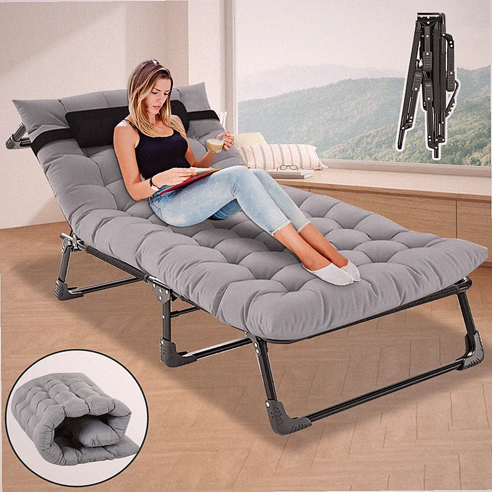 SLSY Adjustable 4-Position Portable Folding Camping Cot Reclining Chaise w/ Mat