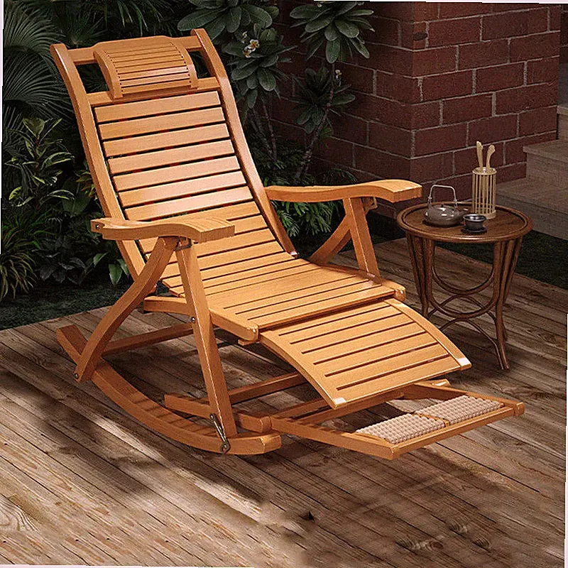 XXL Portable Rocking Chair Bamboo Adjustable Height Recliner Porch Home Garden